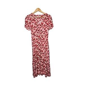 BETSEY JOHNSON Strawberry Midi Dress S Babydoll Y2K Tiered Puff Sleeve Milkmaid
